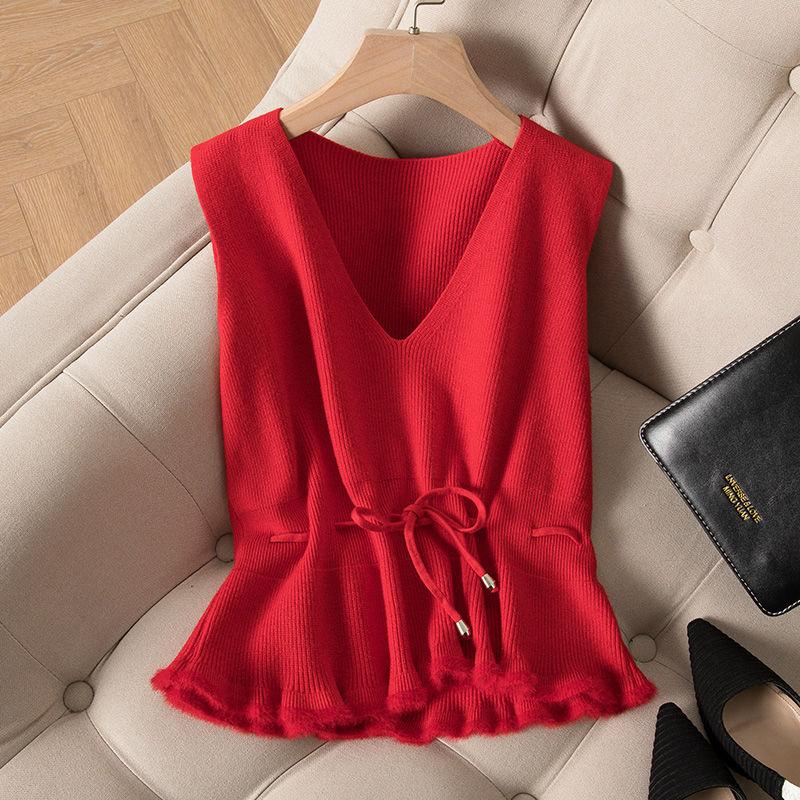 Blue Knit Vest Drawstring Waistband Design Ruffle Hem Sweet Women Pullover Sweater Simple Casual Sleeveless Coat Commuting Fall