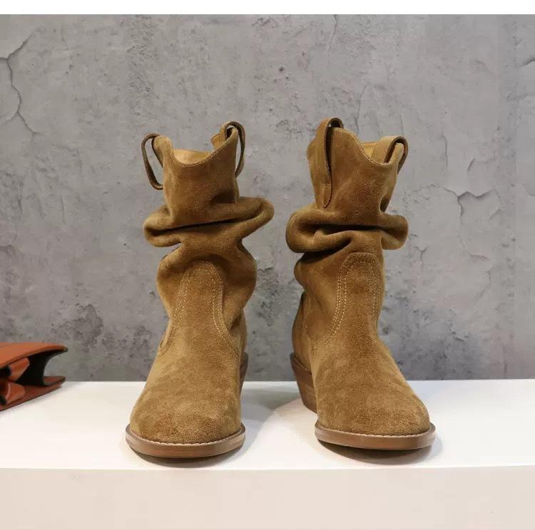 

Cowhide version~ Genuine leather mid-tube western cowboy boots women s thick heel high heel pig s trotters split-toed boots pleated stacked kn 40