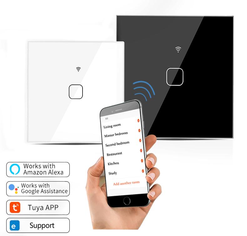 CNSKOU New Fashion EU/UK Waterproof Toughened Glass Panel Smart Home 1 Gang Touch WiFi Light Wall Switches for Smart Life