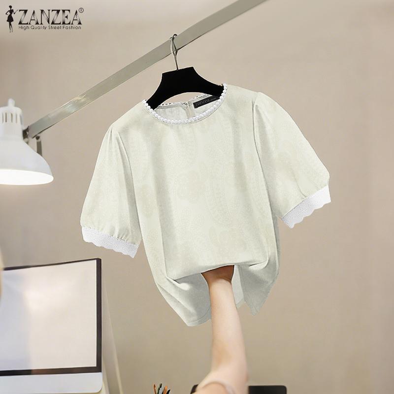 ZANZEA Women Summer Round Neck Casual Short Sleeve Print Blouse