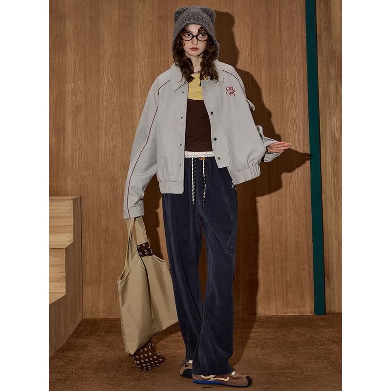 Coolhut2025 Autumn Women's Fashion Casual Versatile Loose Slimming Lapel Baseball Jacket Gray Button-Down