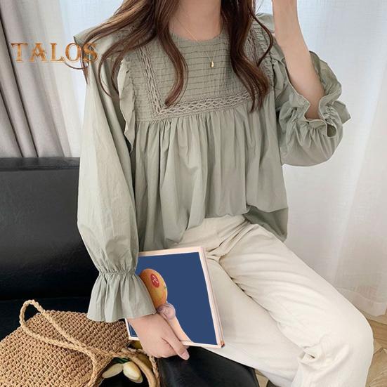 Women Shirt Round Neck Lantern Long Sleeve Pullover Tops Solid Color Loose Fit Ruffle Trim Pleated Blouse Daily Wear