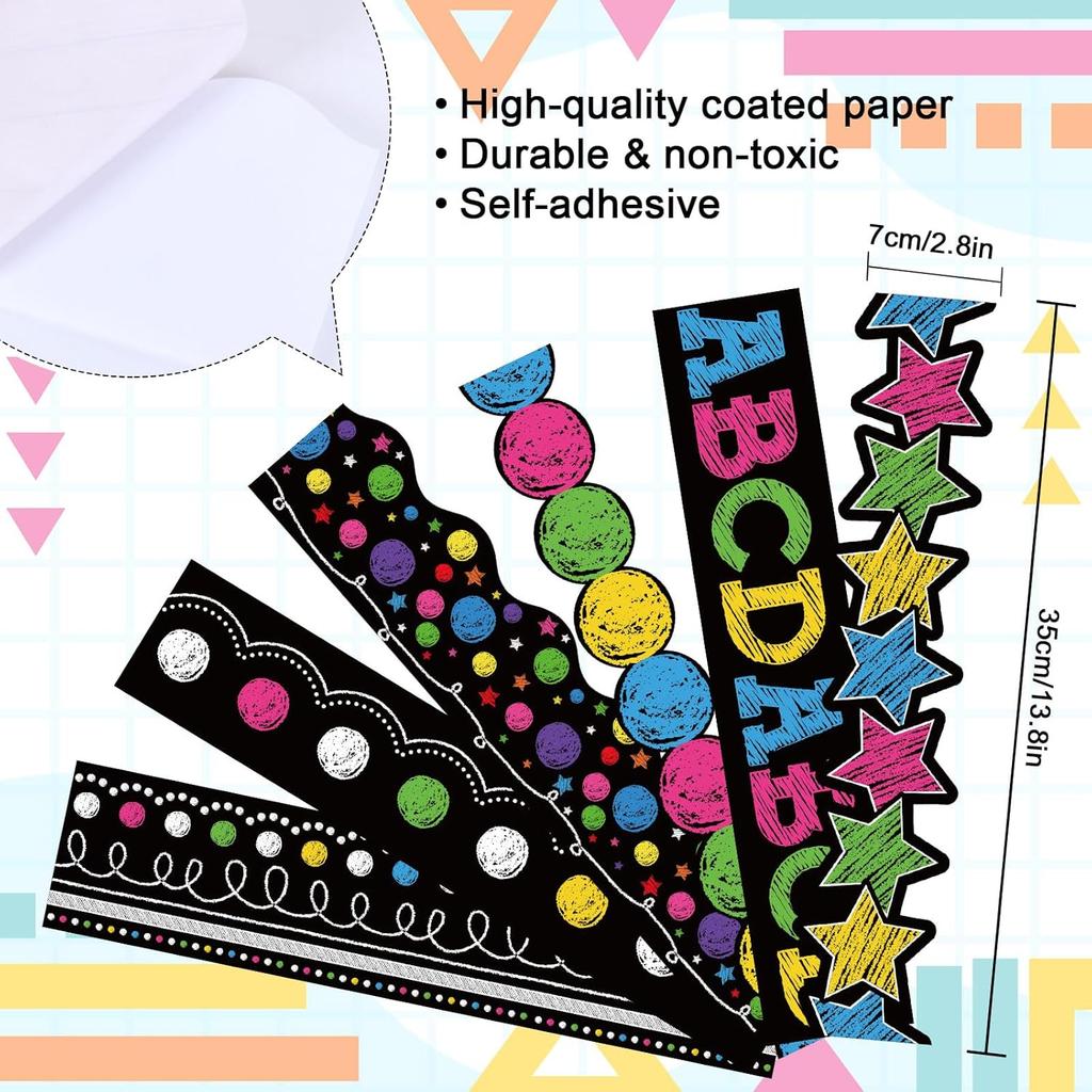 82Ft Black Brights Classroom Bulletin Board Border 72Pcs Colorful Chalkboard Border Trim Stickers for Back to School Office Decor