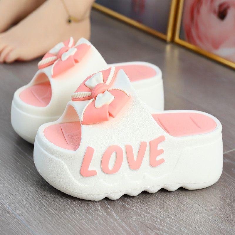 Fashion New pink flower high heel slipper women's outdoor slides sweet backless beach shoes woman flat platform mules elevator slippers