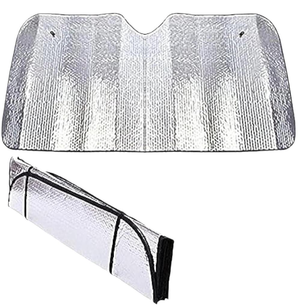 Foldable Reflective Car Windshield Sunshade, Silver Heat Insulation, Blocks Sunlight for Interior Protection.