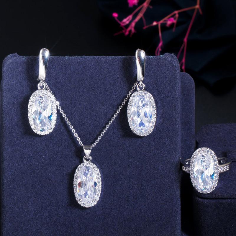 WWJ Super Sparkling Oval Shape Cubic Zirconia Engagement Ring Necklack Earrings Set