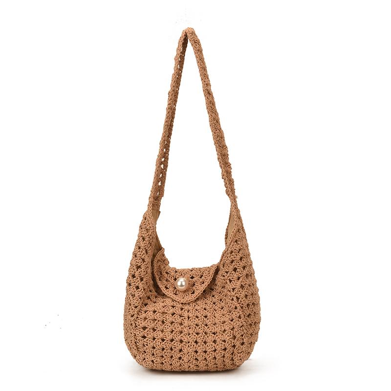 

2026 New Handmade Crochet Hollow Retro Pearl Hobo Shoulder Bag Spring Summer Casual Seaside Vacation Large Capacity Women s Bag хакі