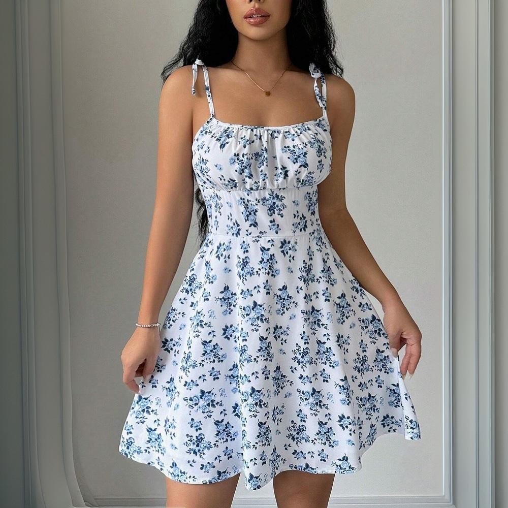 

Summer Women s Shoulder Strap Tie Mini Dress Y2k Fashion Floral Printed Bodycon Dress Sleeveless Sweet A-line Sexy Sling Dresses S