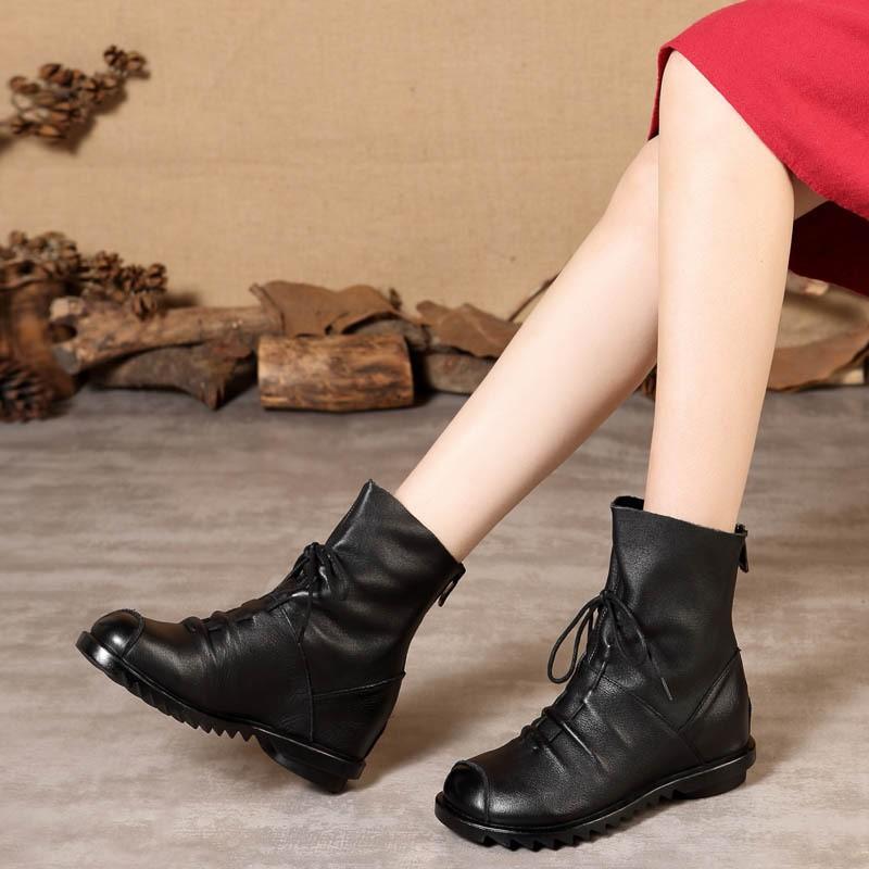 Johnature Genuine Leather Soft Soled Short Boots Versatile Black Lace Up Back Zipper Warm Women's Boots