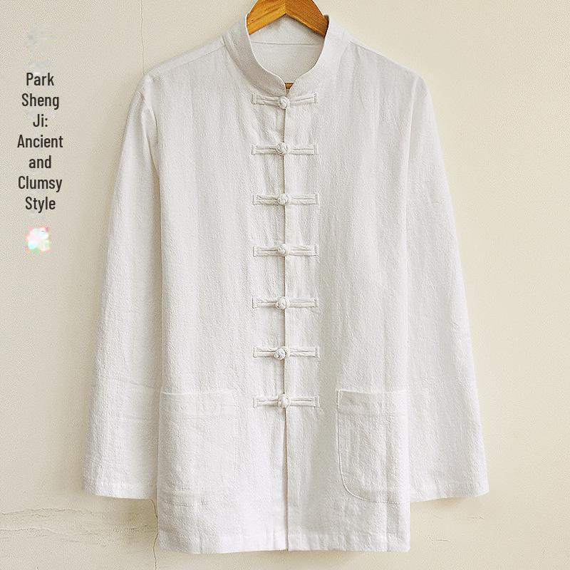 Park Shengji Men's Chinese Style Linen Shirt - Retro Tang Suit for Spring and Autumn