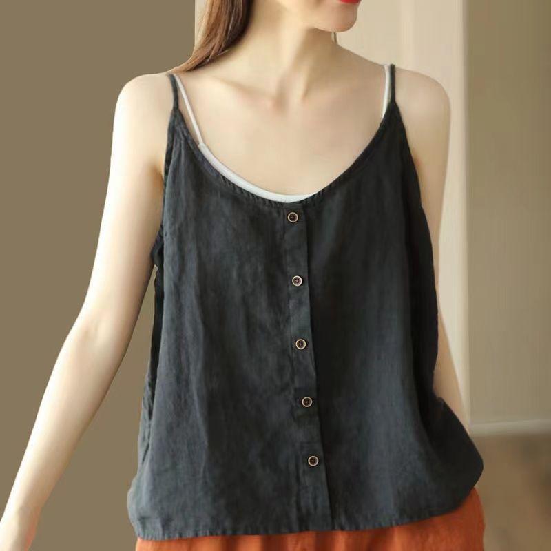 Womens Cotton And Linen Camisole Vest Button Top Summer