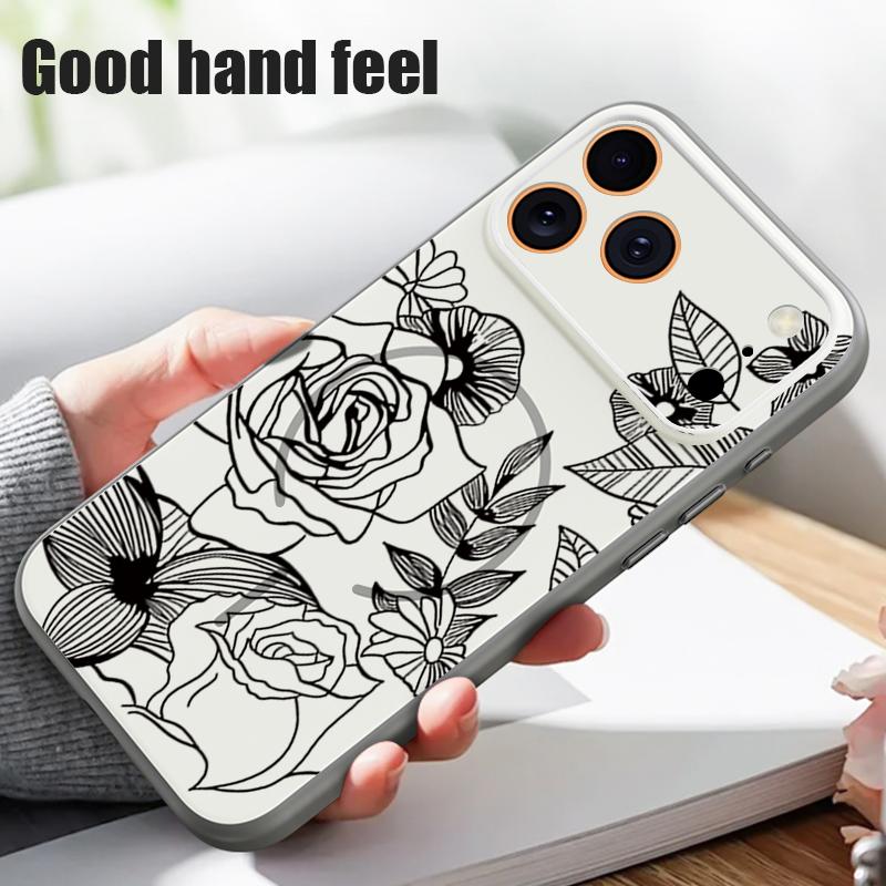 Case For iPhone 17 Pro Max Line Rose Flowers Leaves Pattern Magnetic For Magsafe Hybrid Slim Matte Cover For iPhone 16 15 14 13 Pro Max