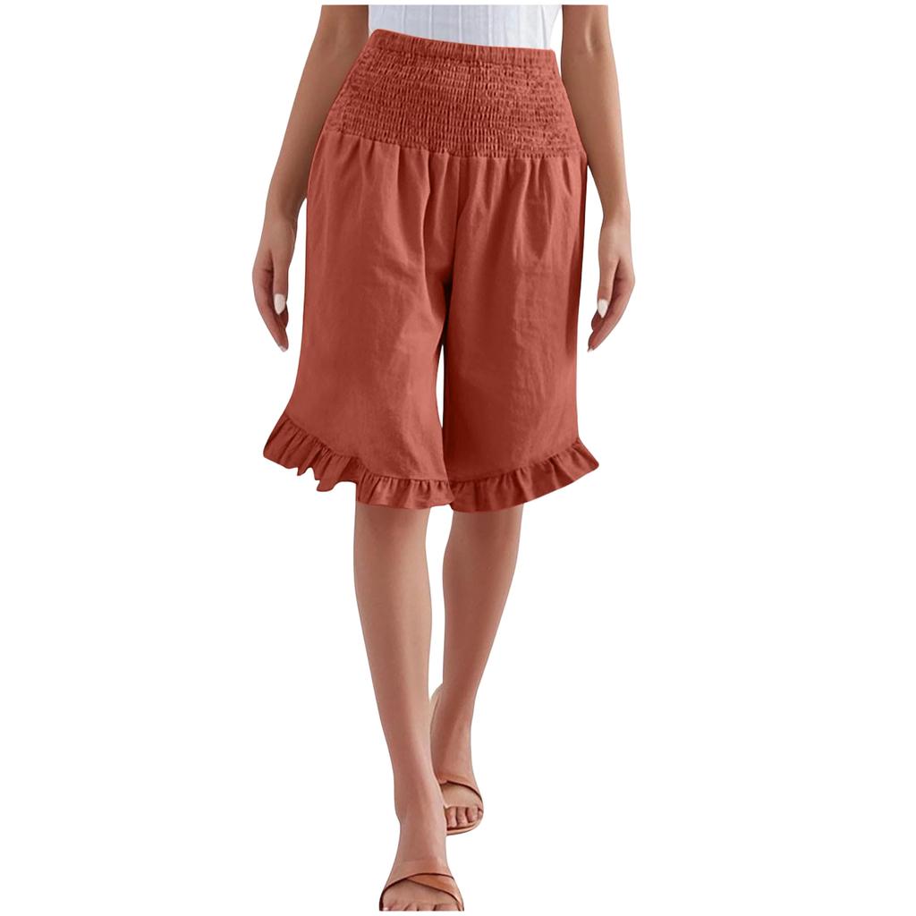 Damen Farbige Hohe Taille Plissierte Baumwolle Leinen Lockere Freizeitshorts