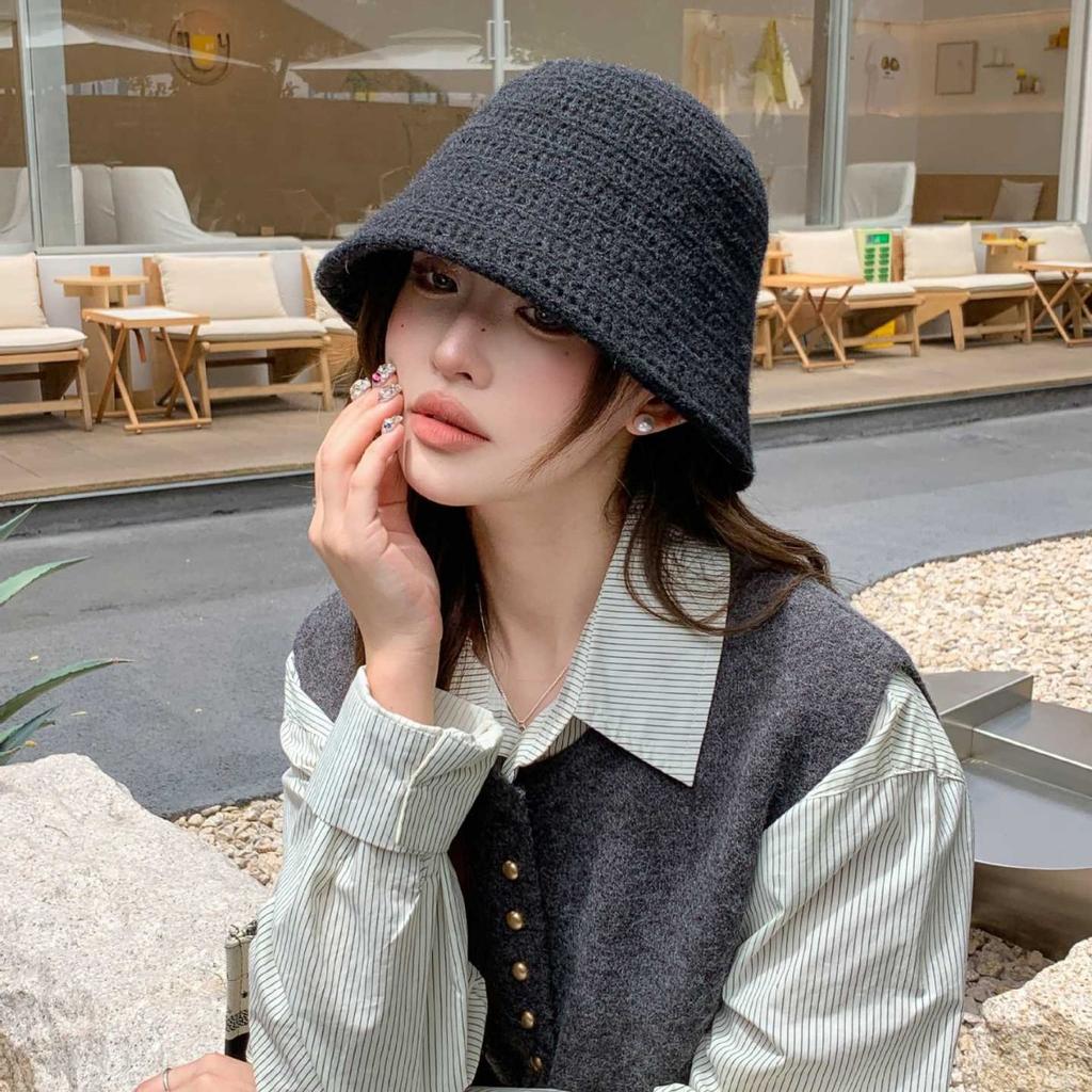Soft Waxy Hollow Knitted Bucket Hat Women's Autumn and Winter Simple Wool Blended Bucket Hat Versatile and Small Face
