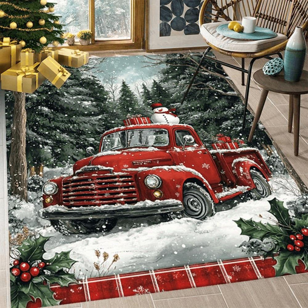 Christmas Plaid Carpet Santa Claus Snowman Cabin Print Area Rug Large Festive Floor Mat for Living Room Bedside Winter Decor