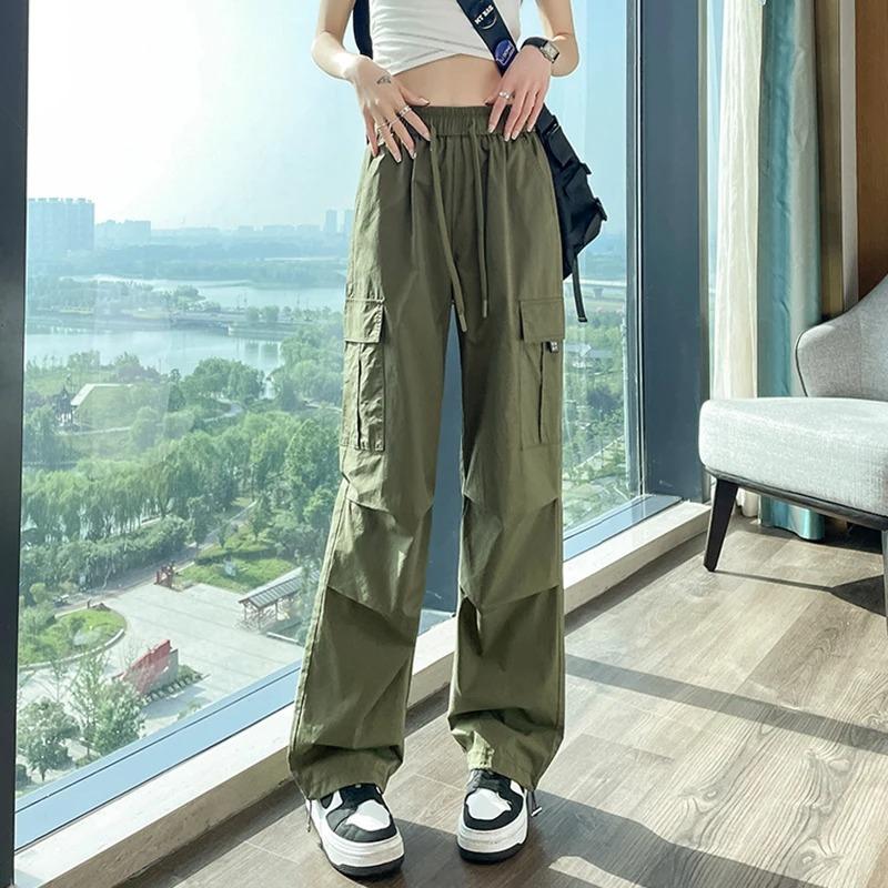 Fashion Women Joggers Pants Casual Chic Straight Cargo Pants Elastic High Waist Streetwear Slim Trousers Summer Thin