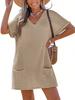 Women V Neck Short Sleeve Waffle Knit Dress Casual Loose Pocket Mini Sundress Solid Color Summer Beach Dress