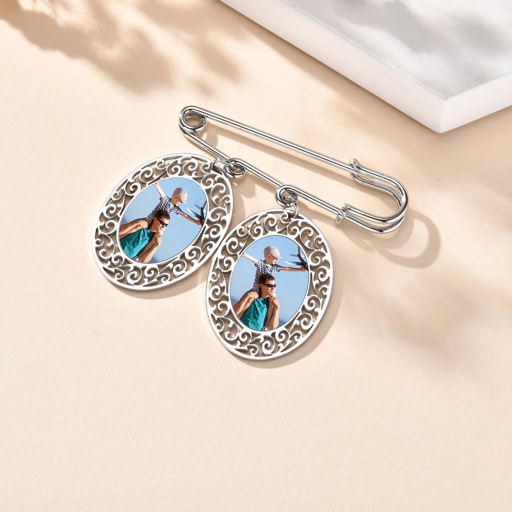 Custom Wedding Oval Bouquet Photos,Charms Stainless Steel Waterproof 1-3 Memorial Picture Pin Brooch Funeral Pin Jewlery Gift
