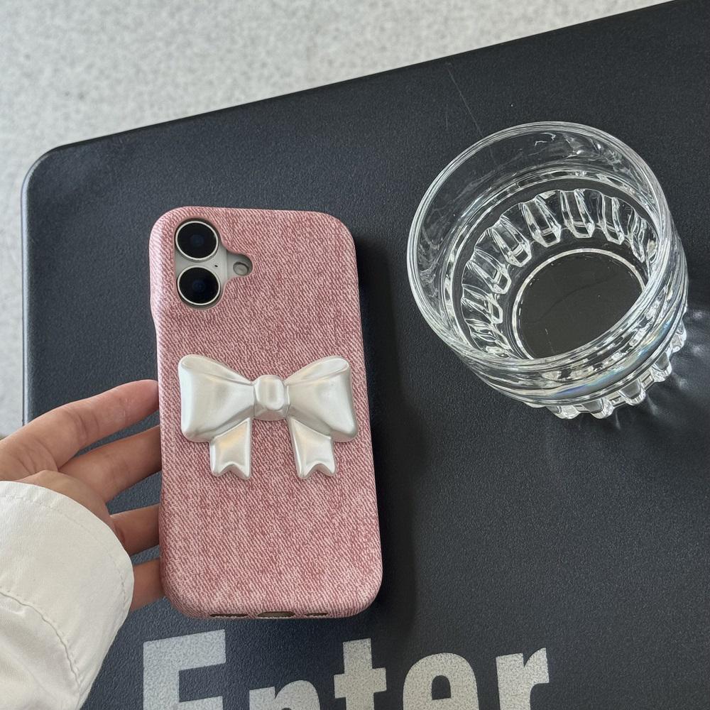 Korean INS Pink Denim Texture 3D Cute Bowknots Chic Phone Case for IPhone 16 15 14 Pro Max 13 Shockproof Stylish Girl Cover