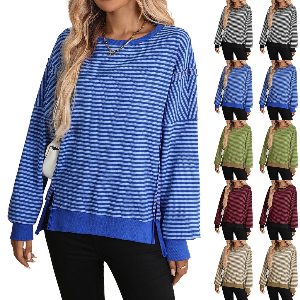 Women's Long-sleeved Round-neck Striped Round-neck Versatile Casual Loose Sweatshirt