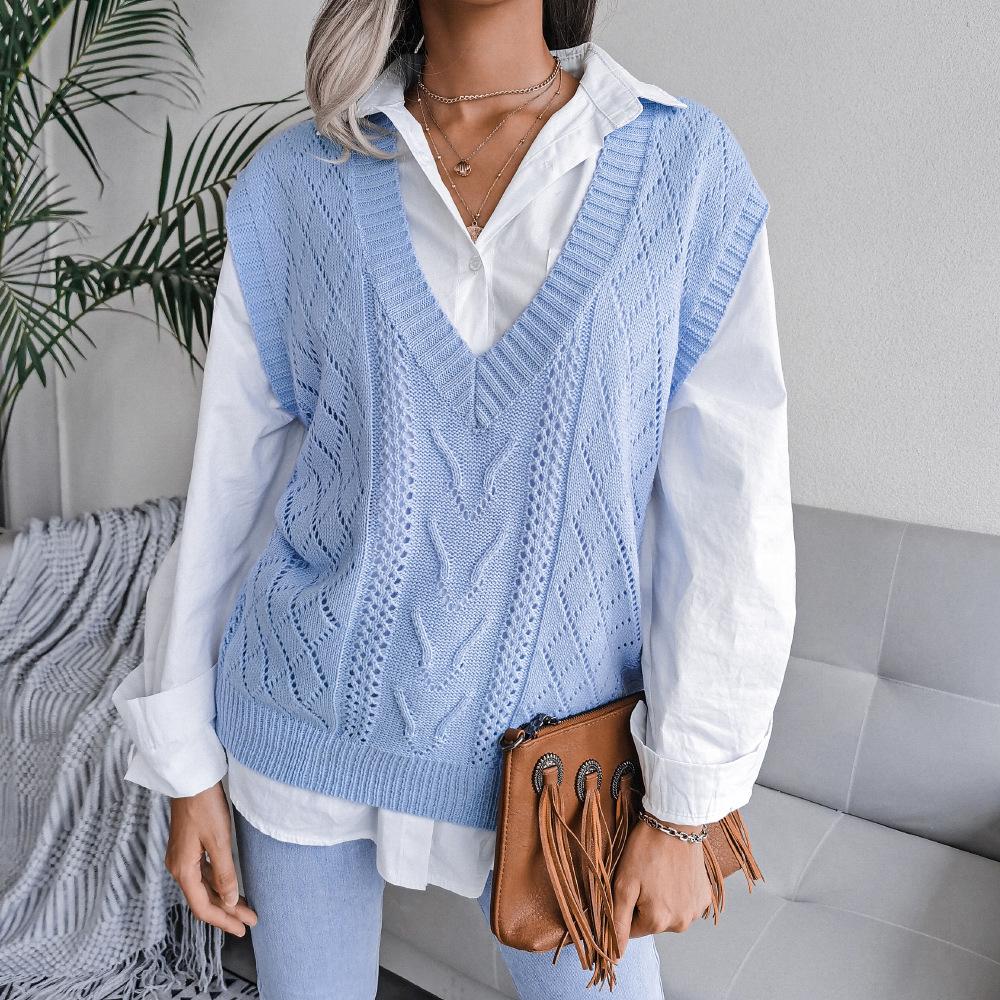 Gilet lavorato a maglia con scollo a V e motivo a torsione cava da donna, autunno e inverno