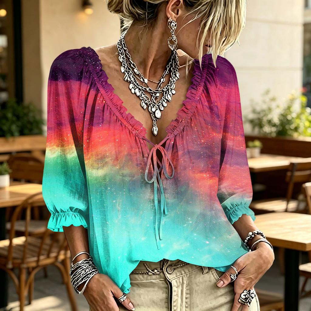 Women's V-Neck Plaid Print Blouse with Ruffle Trim and Tie Front