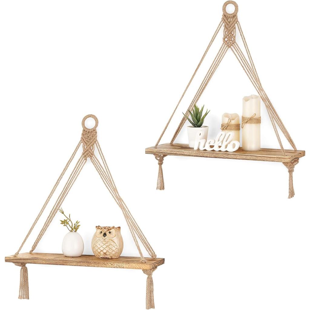 Hanging Shelves Boho Wall Decor 2 pcs Rustic Wood Storage Shelf for Living Room, Display Shelving for Hanging Plants Photos