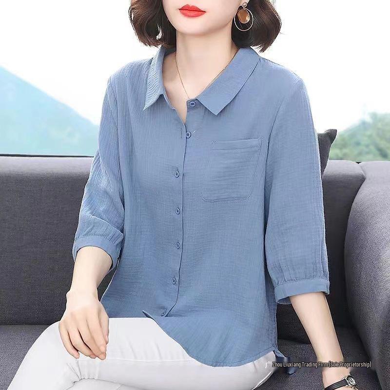 Women's Elegant Plus Size 7-Sleeve Cotton Shirt, Spring 2024 Style