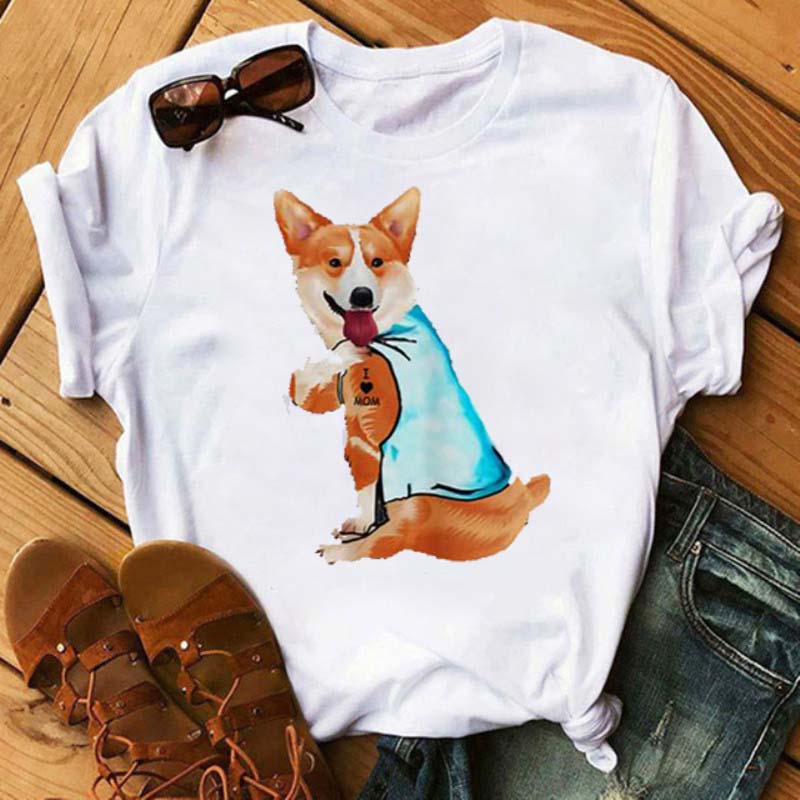 I Love Mom Print Damen T-Shirt Lustige Hundedruck Tops Harajuku Hunde-T-Shirt Sommer Kurzarm Graphic Tee Damen Kleidung