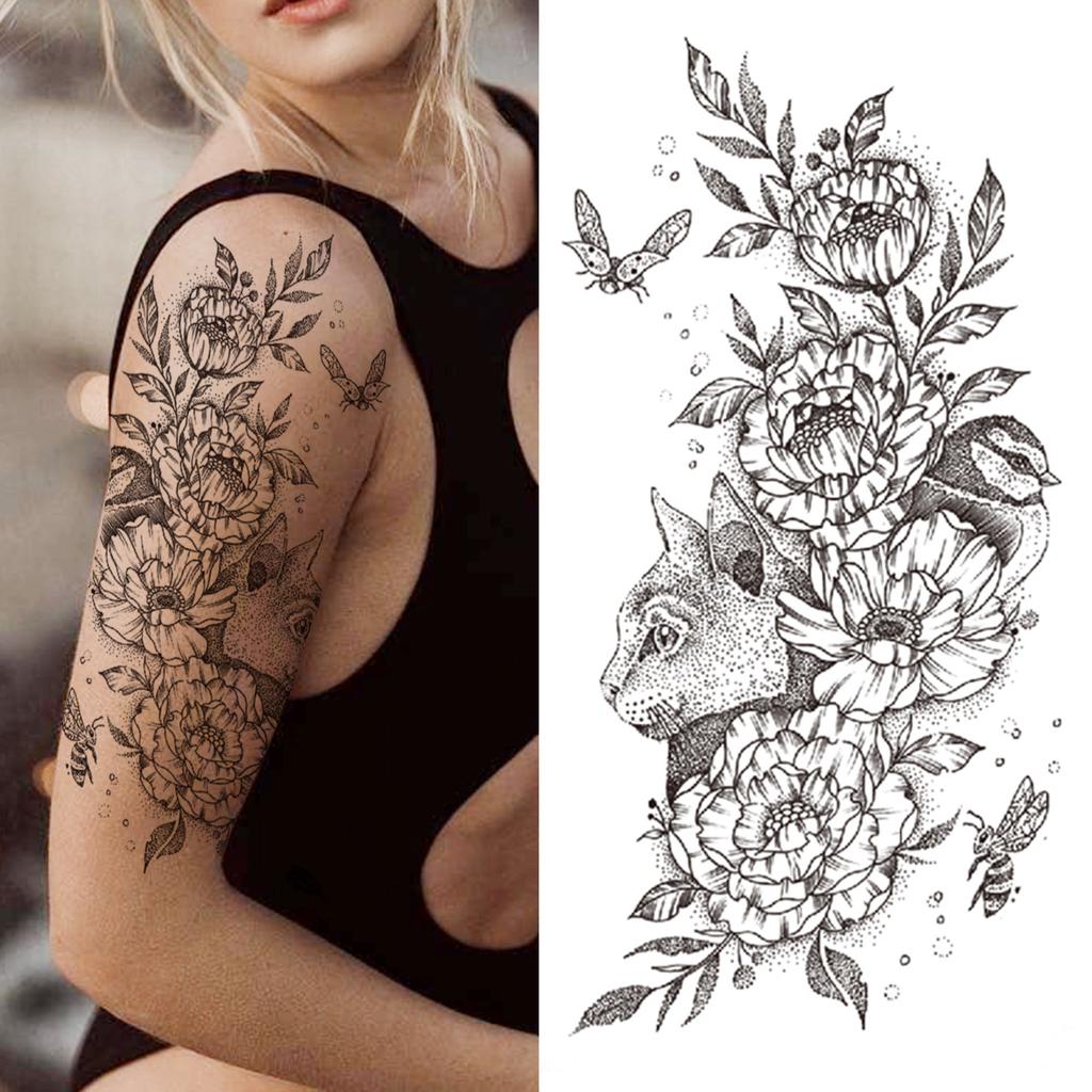 Realistische Nep Pioenroos Tijdelijke Tatoeages Voor Vrouwen Meisje Zwarte Roos Olifant Bloemen Tatoeage Sticker Tijger Anemoon Tatoeages Halfmouw
