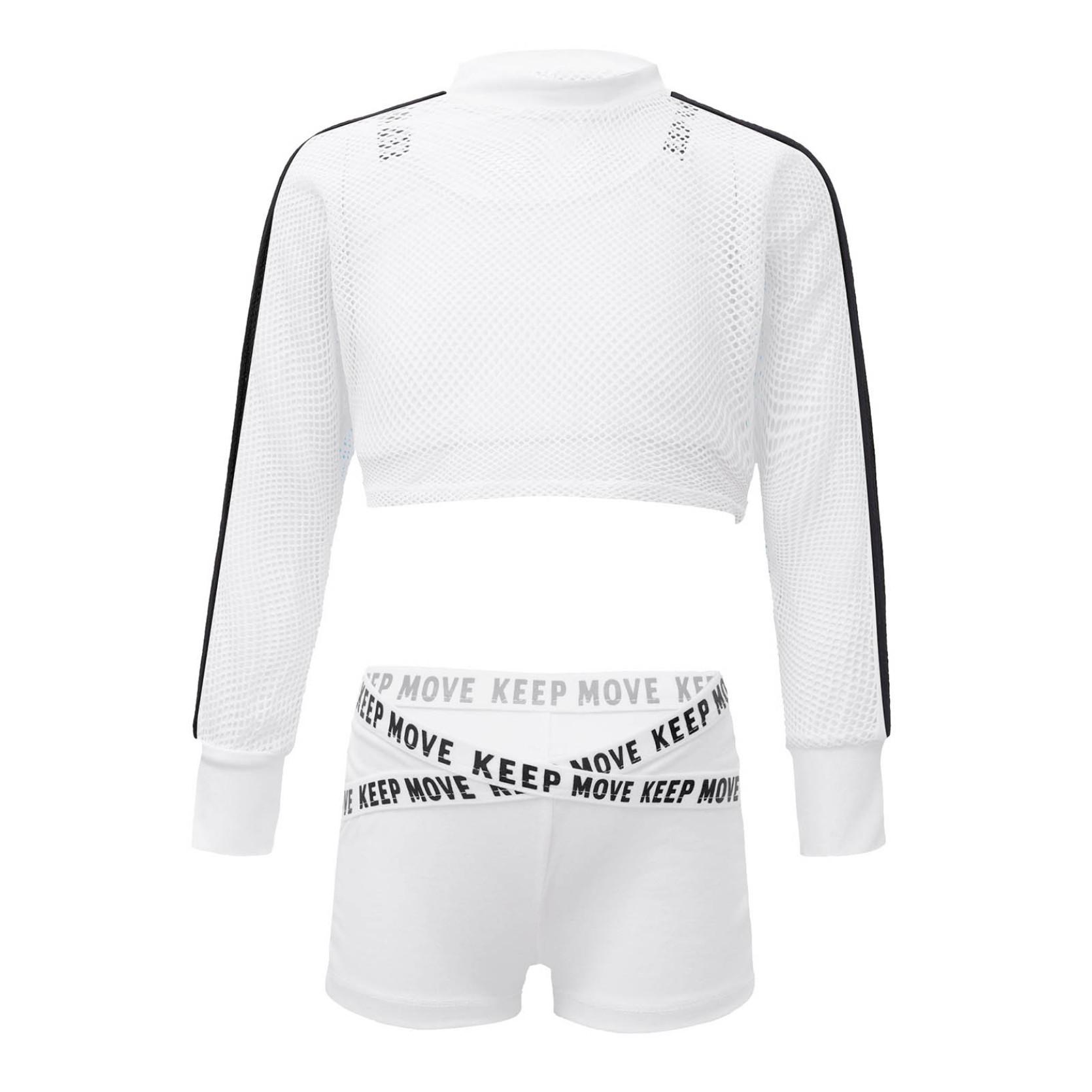 

Детские танцевальные костюмы для девочек из 3 предметов в стиле джаз, хип-хоп, короткая сетчатая блузка с топом на бретелях и шорты для тренировок, спортивный костюм 5-6 Years белый