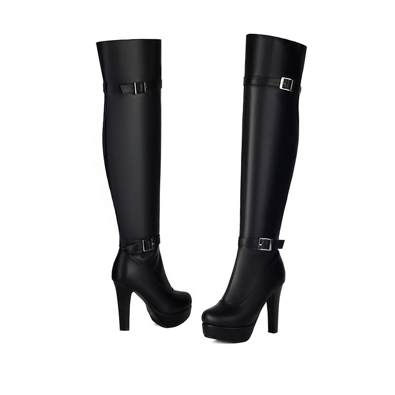 Women's High-heeled Boots, Sexy European and American Style Waterproof Platform Thick Heel Solid Color Large-size Knee Boots