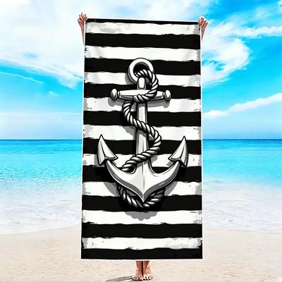 1Pc, Nautical Anchor Striped Beach Towel, Super Absorbent Lightweight Beach Towel - Sand-Free Quick-Dry Towel, Soft Microfiber, Suitable for Various S