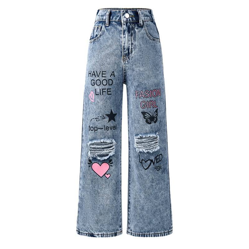 6-14 Years Kids Girls Denim Pants Ripped Jeans
