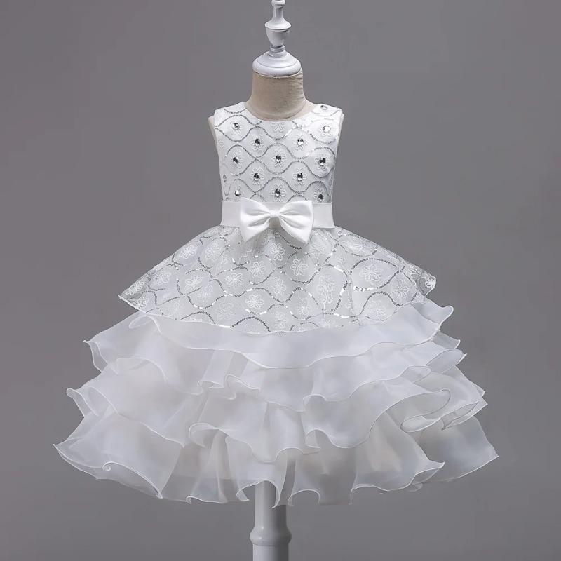 Vestito Principessa da Bambina Elegante con Ricami Floreali Fiocco Senza Maniche Strati di Rete