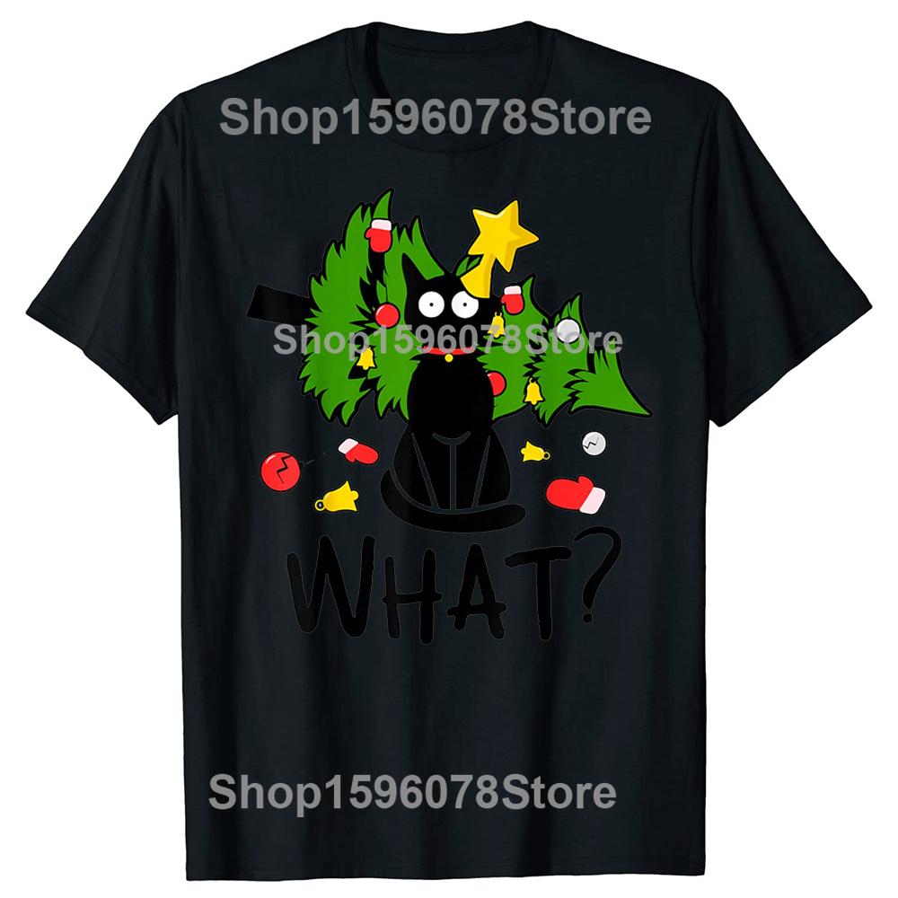 Funny Black Cat Christmas Tree Merry Xmas Humor Cat What Tshirts Men Fashion Cotton Oversized Crewneck Collar Hip Hop T Shirt