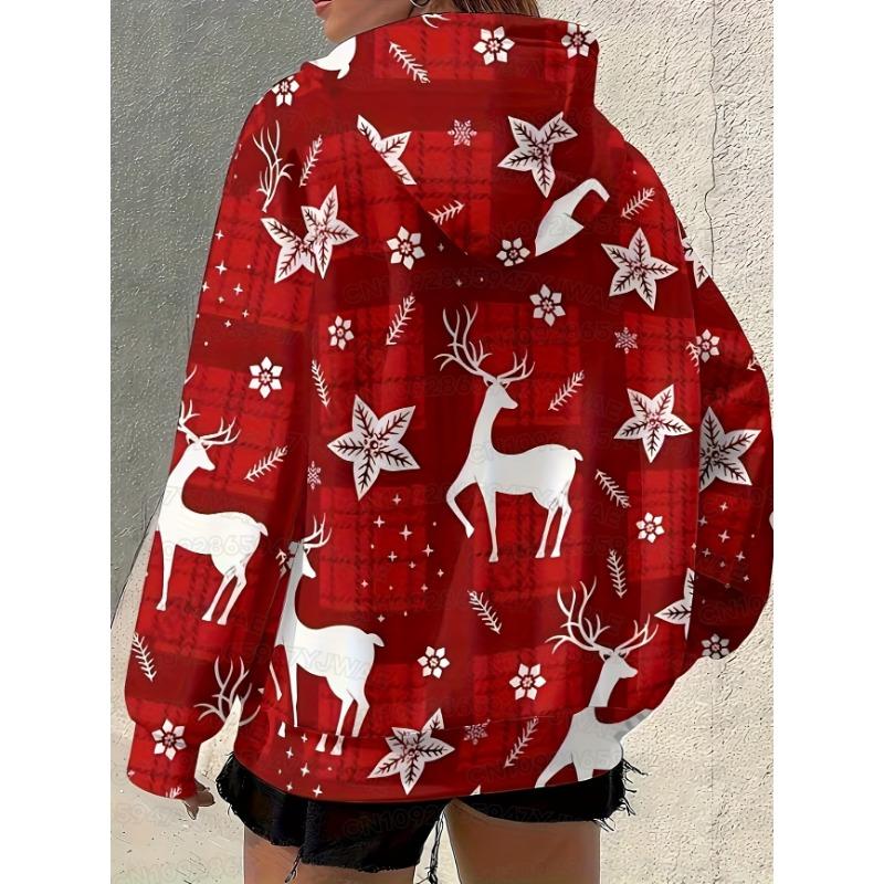 Autumn and Winter Women's Plus Size Christmas Santa Claus Print Hooded Sweatshirt Cozy Pullover Sweatshirt Holiday Outfits