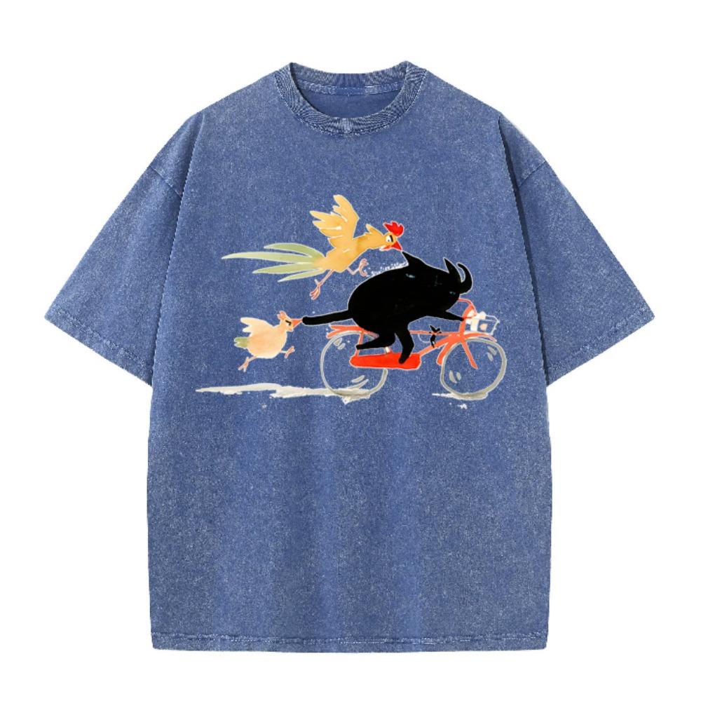 Retro Washed Brown T-shirt Men Funny Animal Graphic Tee Cat Riding Bike Casual Loose Cotton Short Sleeve