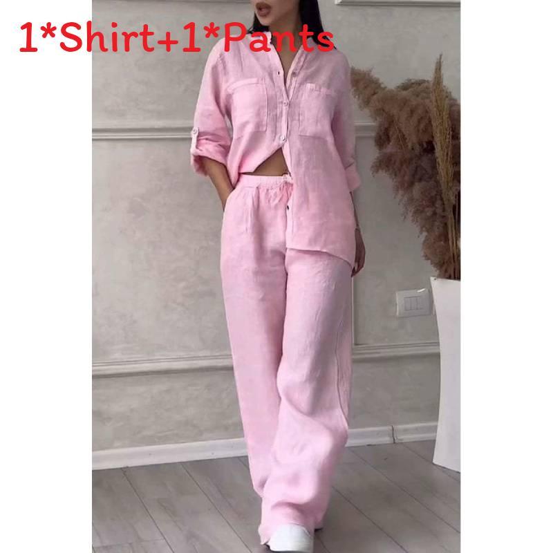Casual Cotton Linen Shirt And Drawstring Wide Leg Pants Set For Women Spring