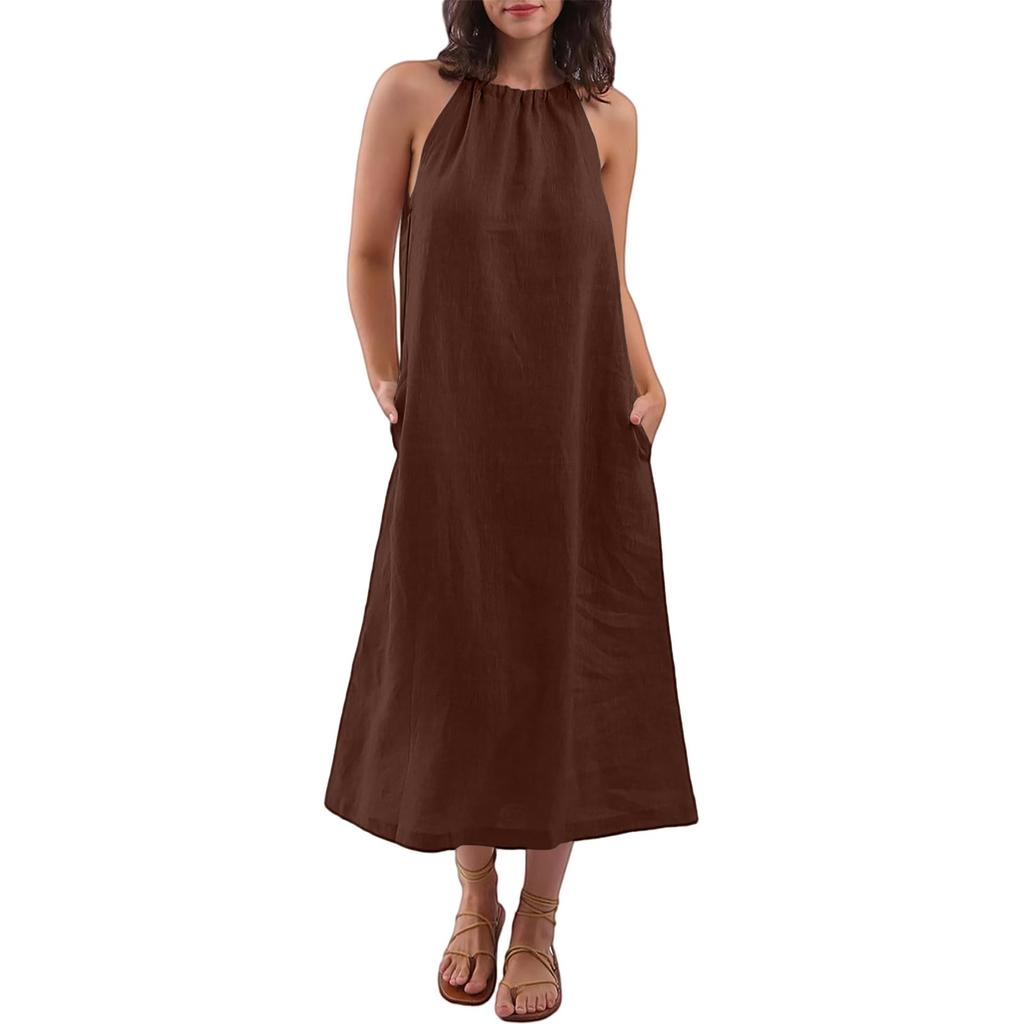 Women's Fashion Sleeveless Round Neck Straps Cotton Linen Dresses