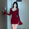 Spice Girl Pure Desire Style Red Hip Skirt Women's Autumn and Winter Slim-fitting Tight Bottoming Skirt Short Waist Pinch Little Mother Style Dress