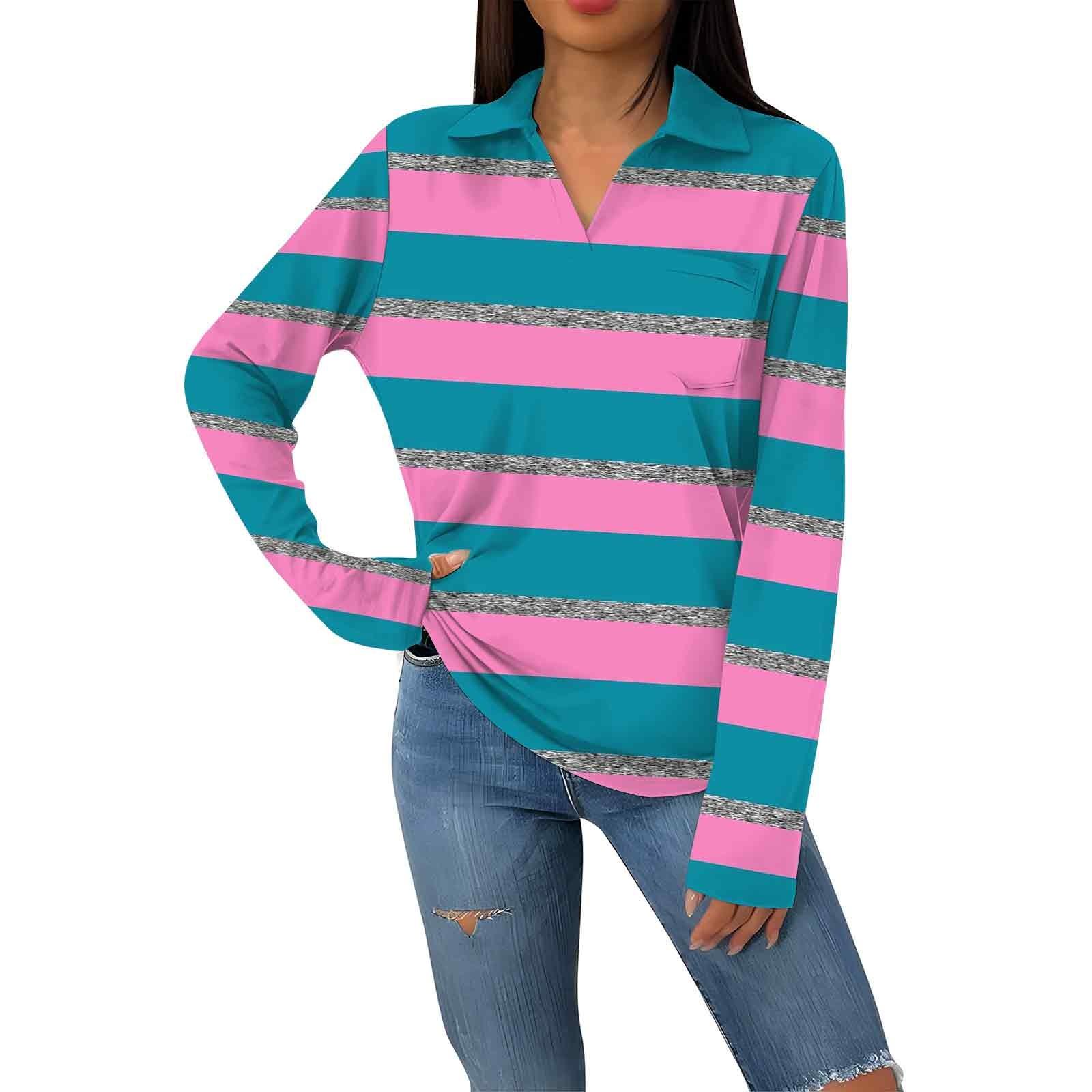 

Женская модная повседневная футболка с длинным рукавом и V-образным вырезом в полоску с принтом и лацканами S