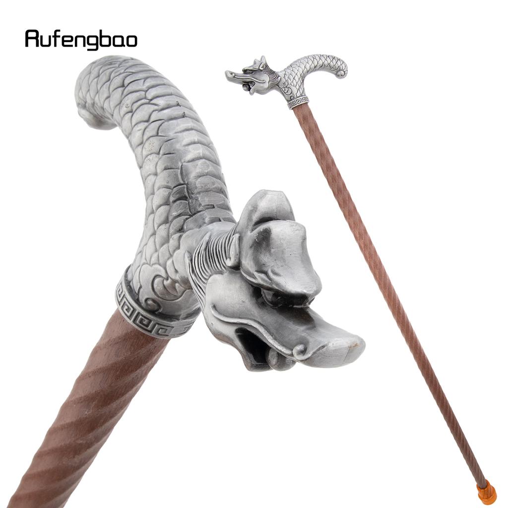 Silver Dragon Wooden Single Joint Fashion Walking Stick Decorative Cospaly Cane Halloween Mace Crutch Wand Crosier 95cm