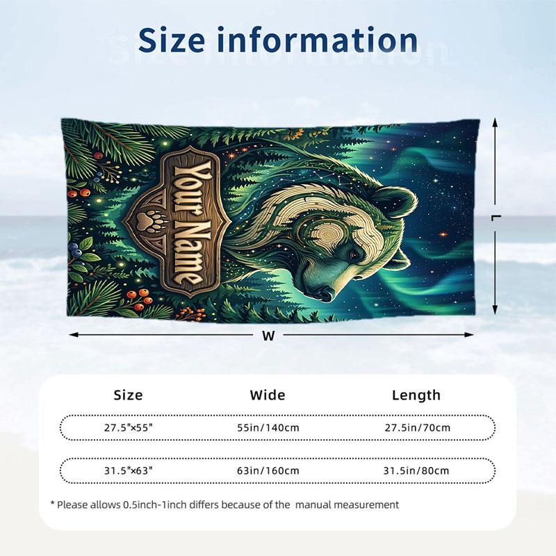 Northern Lights Bear Theme Quick Dry Beach Towel Custom Name Text Print Large Sand Resistant Towel Beach Vacation