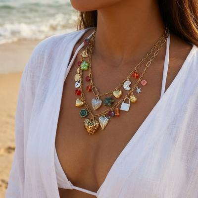 Exaggerated Leopard Heart Lock Pendant Double Layer Necklace For Women Men Fashion Ceramics Flower Star Choker Summer Jewelry