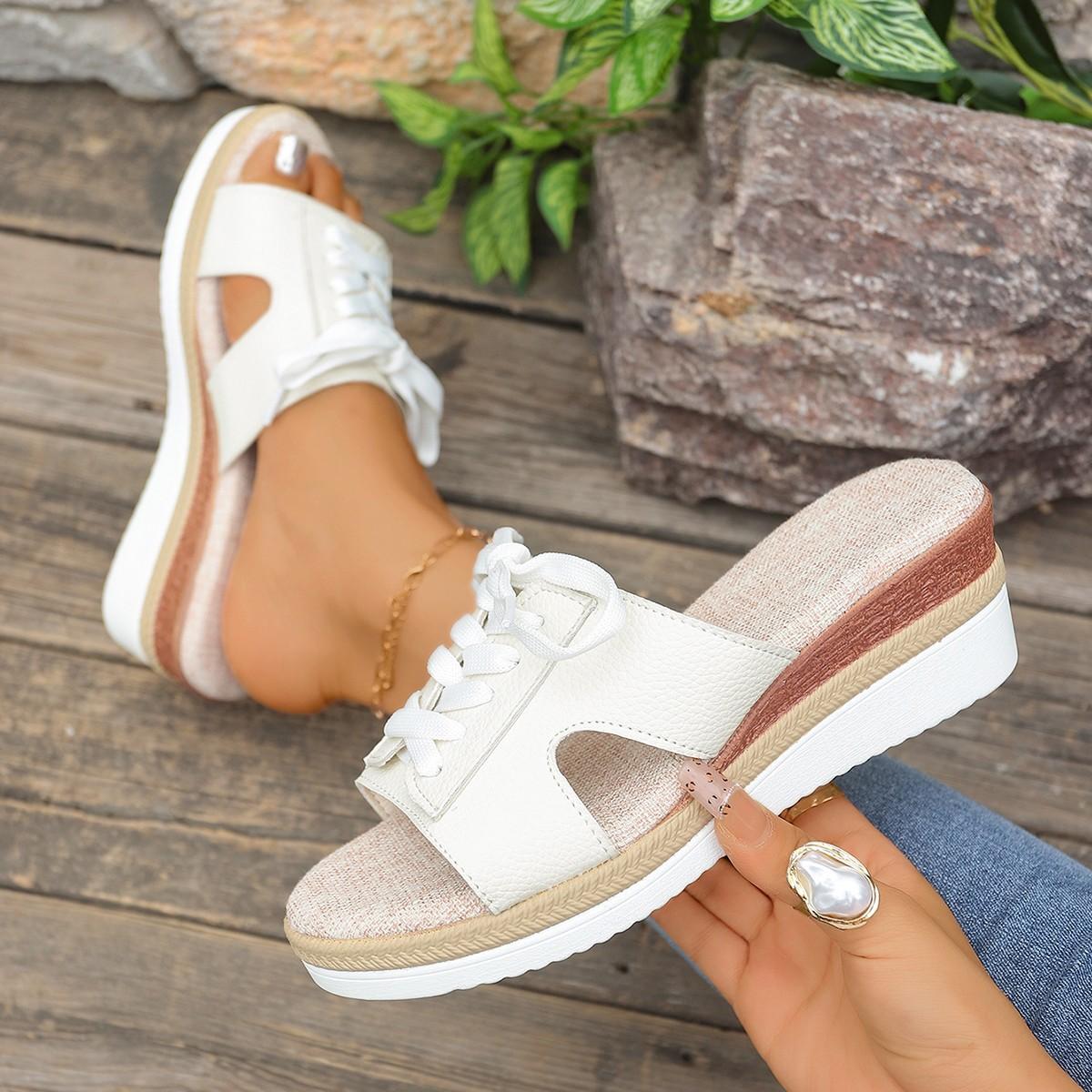 

Fashion 2025 Summer new casual, lightweight and durable lace-up decorated wedge heel fish mouth Roman-style slippers 35