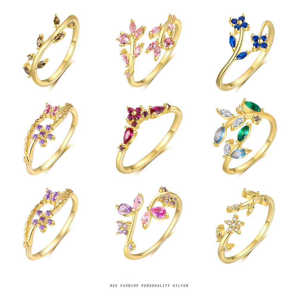 925 Sterling Silver Exquisite Colorful Zircon Flowers Leaves Ring For Women Double Design Size7 Adjustable Party Wedding Jewelry