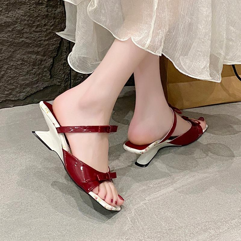 Fashion Elegant Square Toe High Heel Sandals Women Summer New Bow Knot Wine Red Sandal Female Wedding Party Patent Leather Sandal Mujer