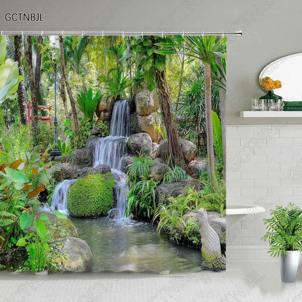Modern 3D Printing Green Plant Tree Scenery Shower Curtains Forest Bamboo Landscape Bath Curtain Set For Bathroom Decor Cloth