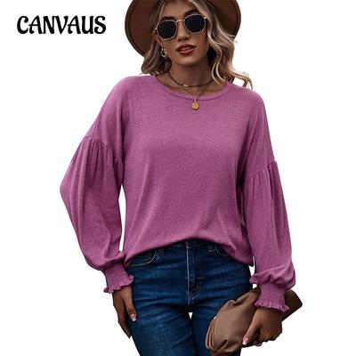 Spring and Autumn Women's Blouse Top Round Neck Ruffle Lantern Sleeve Long Sleeve Top